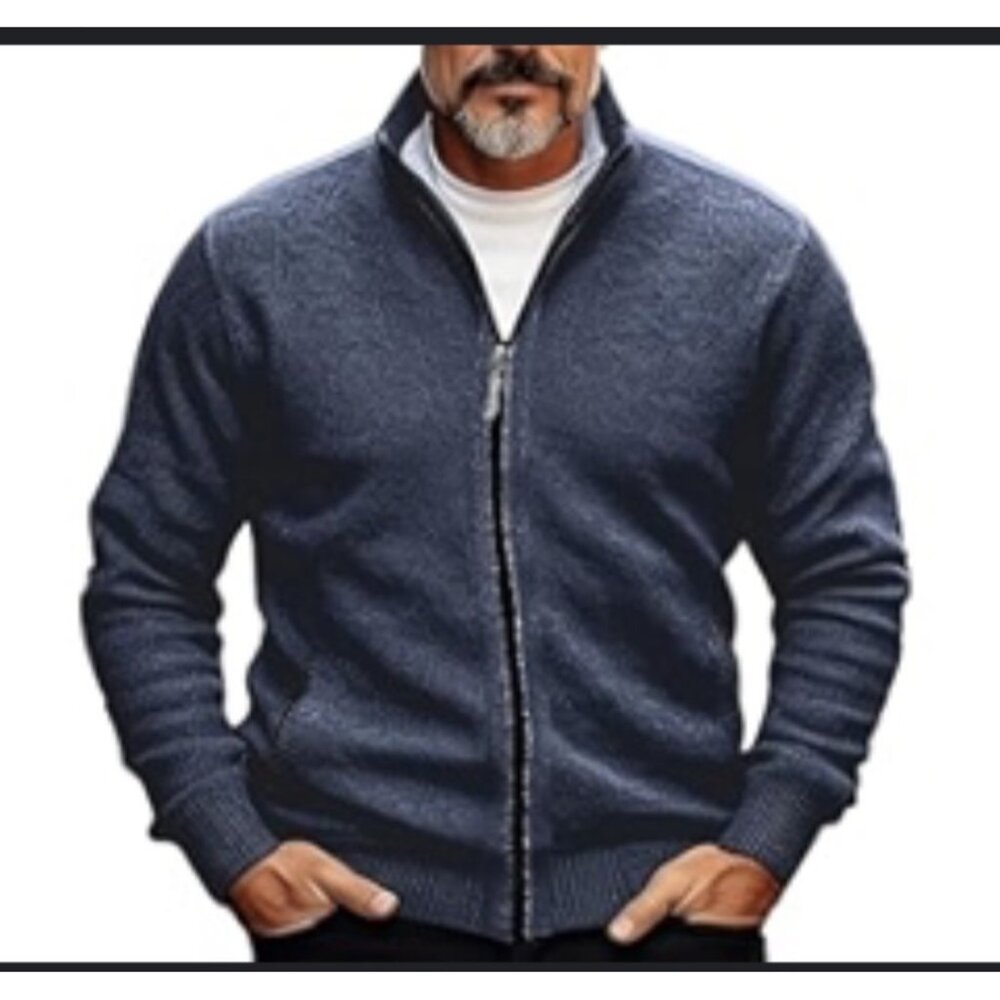 Carbon Men's Large Navy Full-Zip Sweater Long Sleeve Ribbed Collar